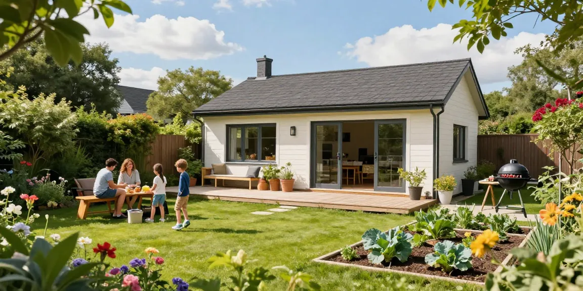 Gemütliches Garten Haus umgeben von blühenden Pflanzen und einer Familie, die den Garten genießt.