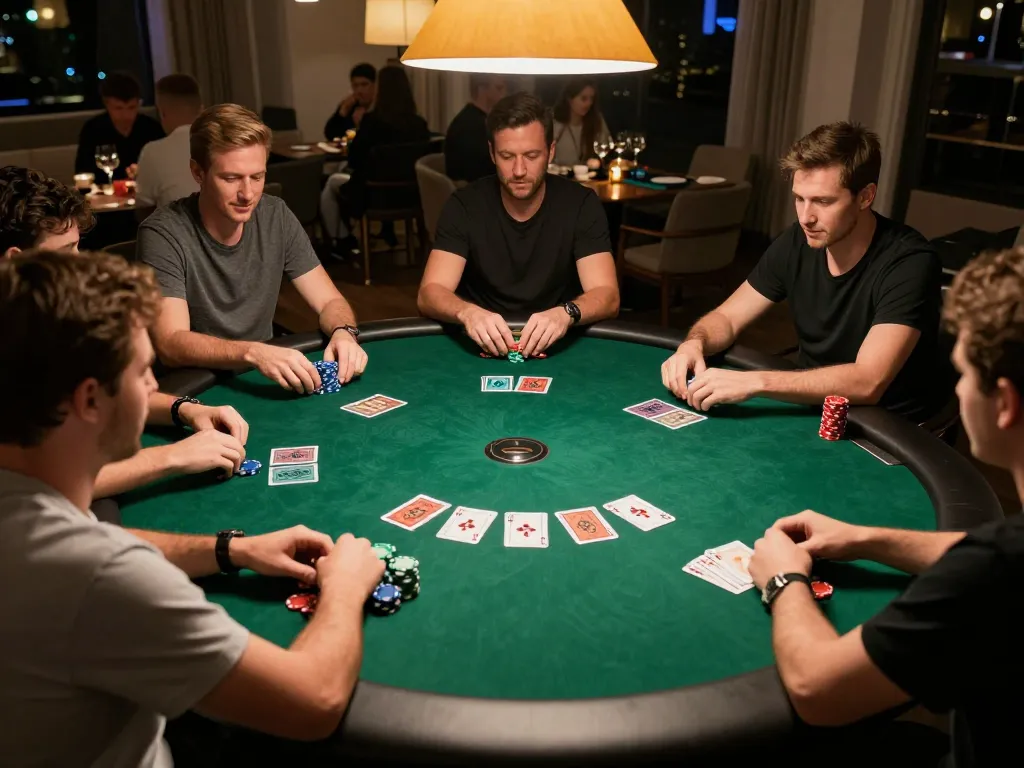 Players engaging in a thrilling poker game night at home, focusing on 33WIN strategies and thrilling gameplay.