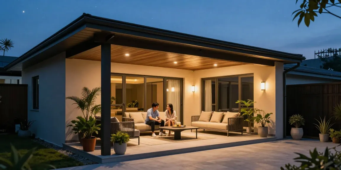 Freistehende Terrassenüberdachung in stilvollem Design mit ambienter Beleuchtung und gemütlicher Atmosphäre
