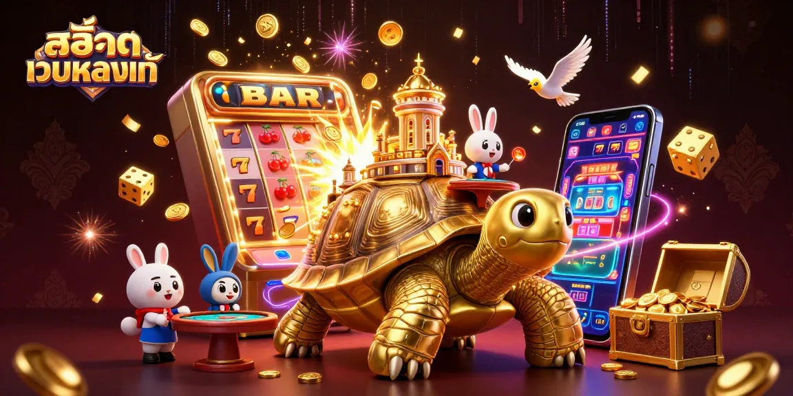 Experience the thrill of สล็อตเว็บตรงแท้ with a vibrant casino scene featuring a golden tortoise and jackpots.