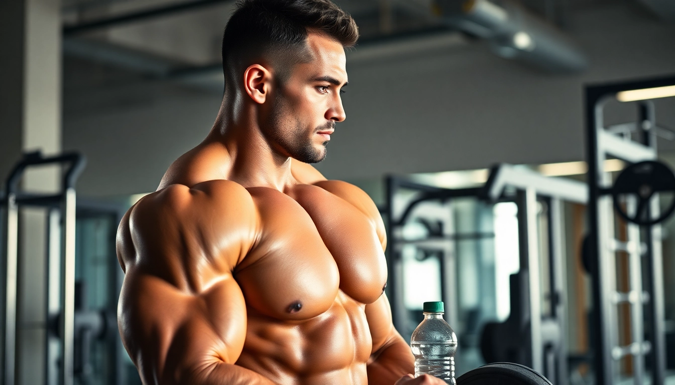 Sustanon kaufen: Athlet beim Training im Fitnessstudio, der Stärke und Fokus zeigt.