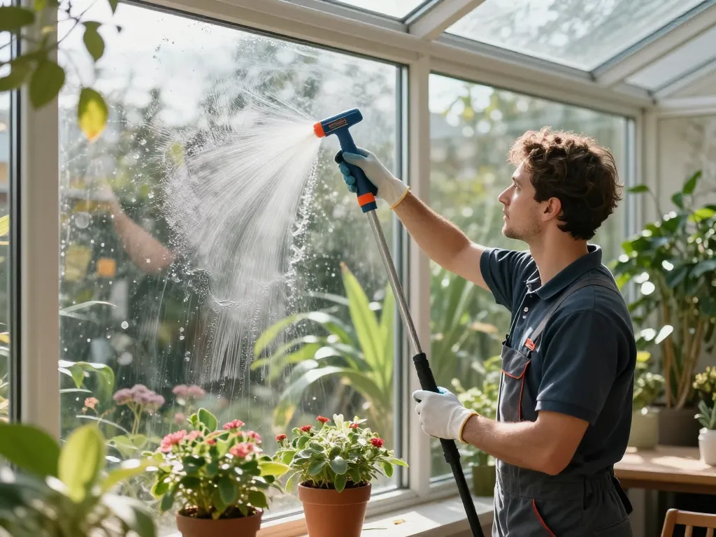Wintergartenreinigung in Münster zeigt einen professionellen Techniker, der Glasflächen für ein helles Zuhause reinigt.