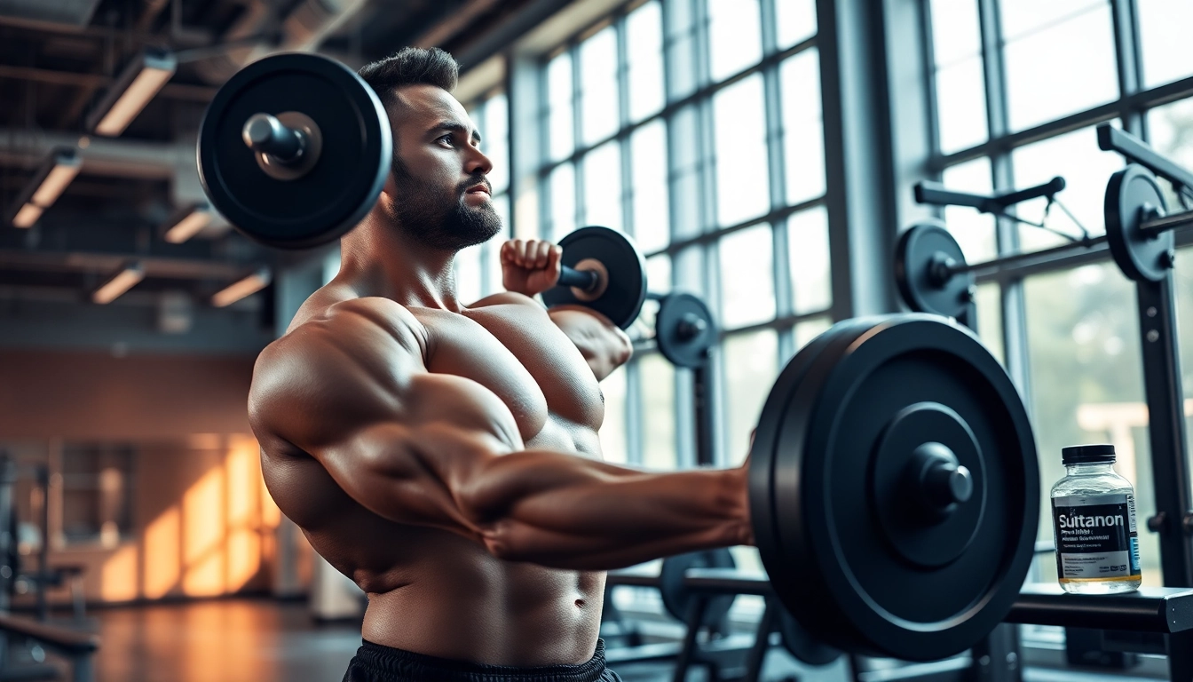 Sustanon kaufen im Fitnessstudio, Athlet hebt Gewichte mit motivierender Umgebung.
