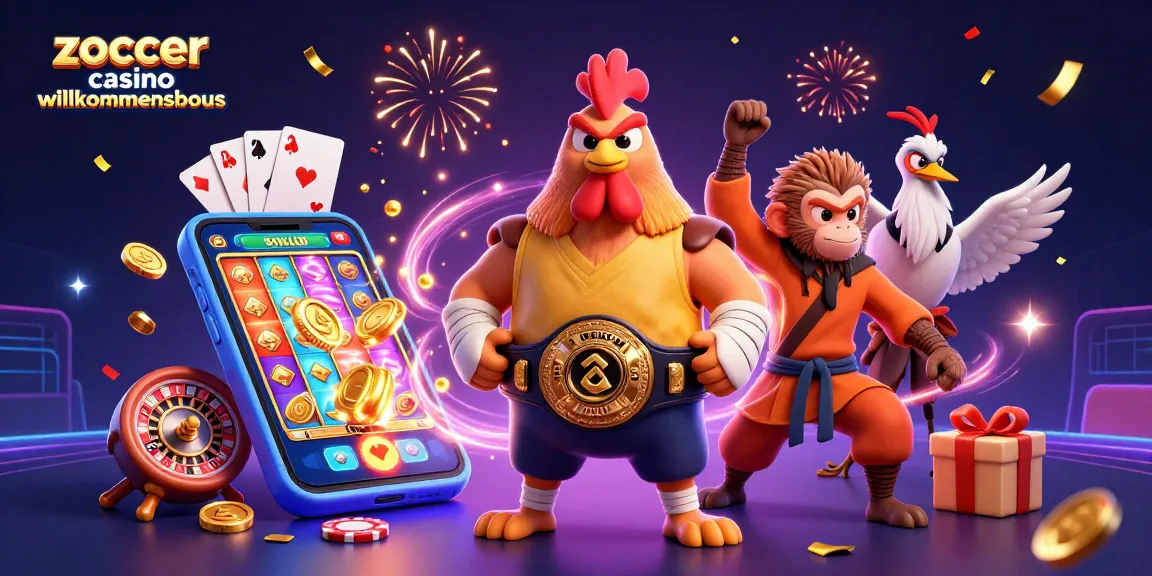 Visualisierung des zoccer casino willkommensbonus mit aufregenden Spielsymbolen und Charakteren.