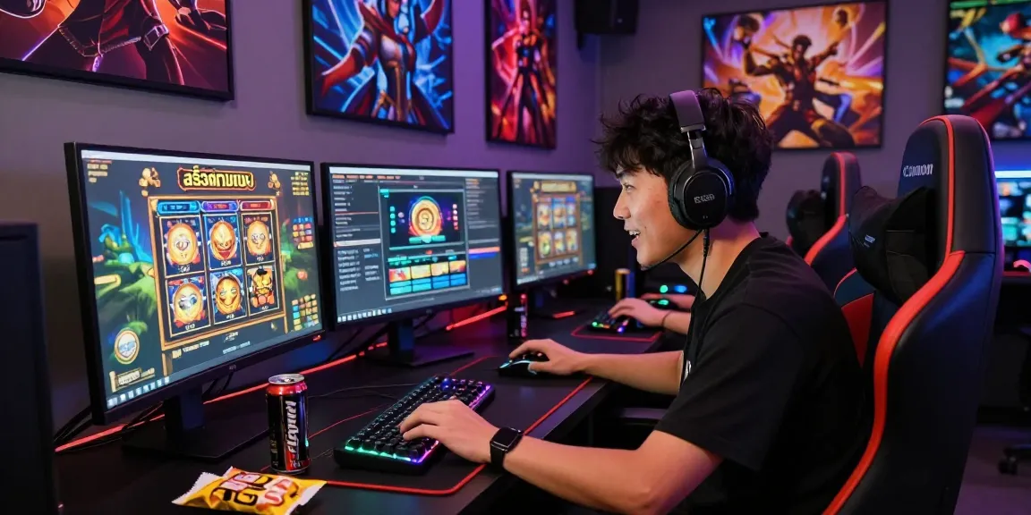 Engaged gamer enjoying สล็อตเว็บตรง on a high-resolution monitor in vibrant gaming setup.