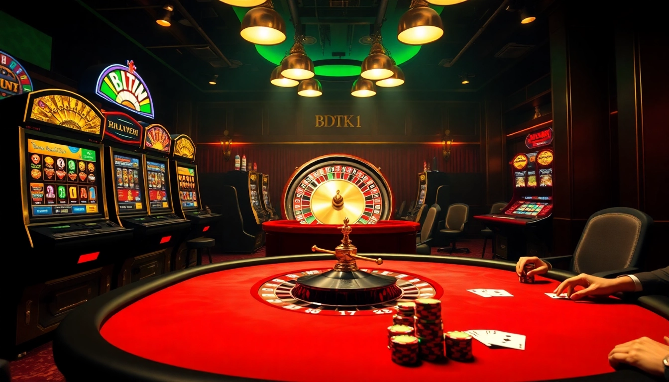 Engage with BDTK1 gameplay amidst luxurious casino visuals featuring slot machines and poker tables.