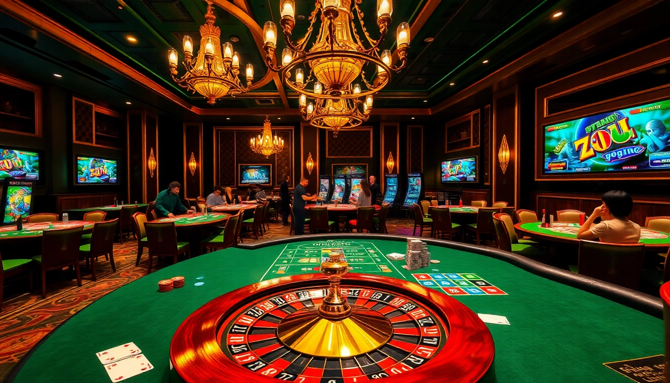 Game bài đổi thưởng table with vibrant cards and chips in a luxurious casino setting