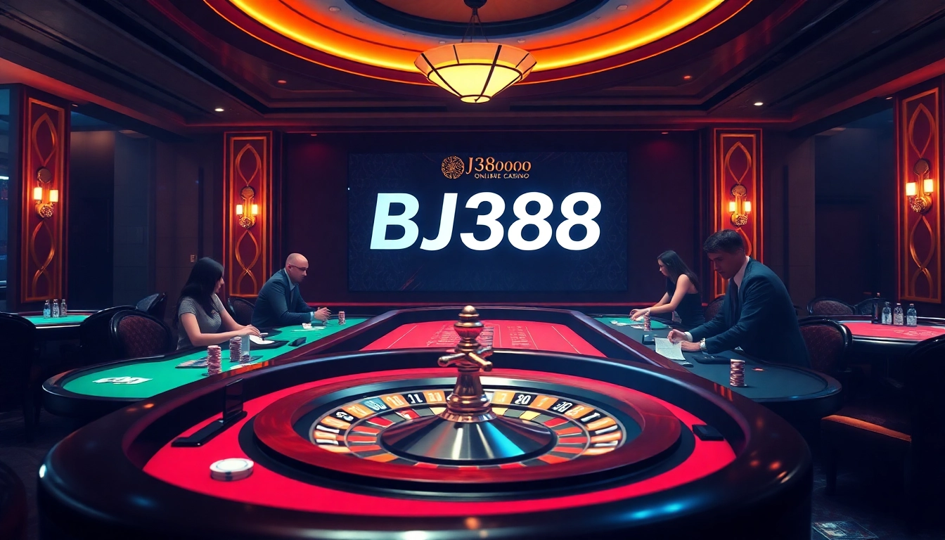 Players enjoying a vibrant gambling experience at BJ388's online casino with cards, dice, and roulette.