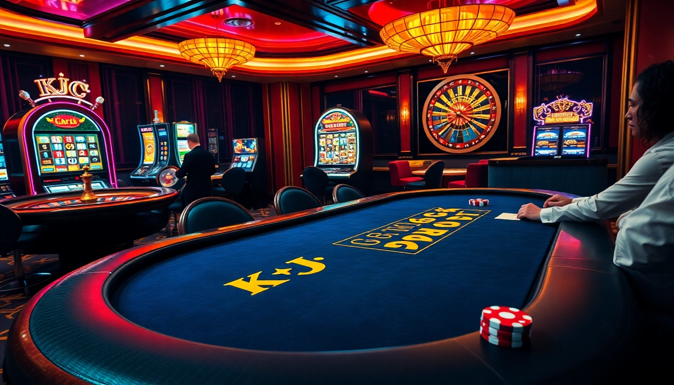 KJC players engage at a high-stakes poker table, showcasing a vibrant casino atmosphere.