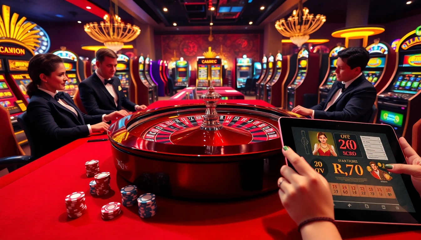 KJC.money showcases a thrilling roulette table scene with glamorous players and vibrant gaming elements.