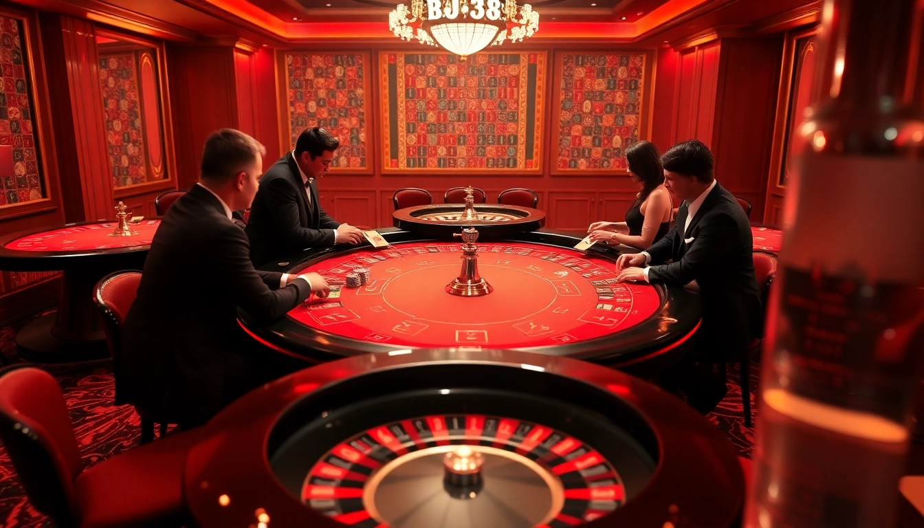 Experience the elegance of BJ38 gaming with a luxurious casino atmosphere, featuring poker chips and roulette wheels.